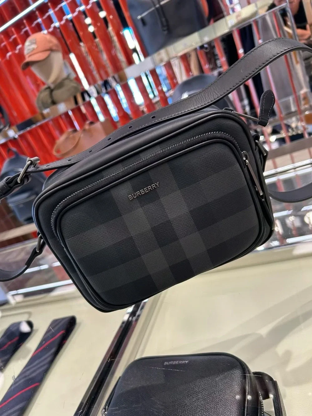 Burberry Black charcoal Check Leather Messenger Bag